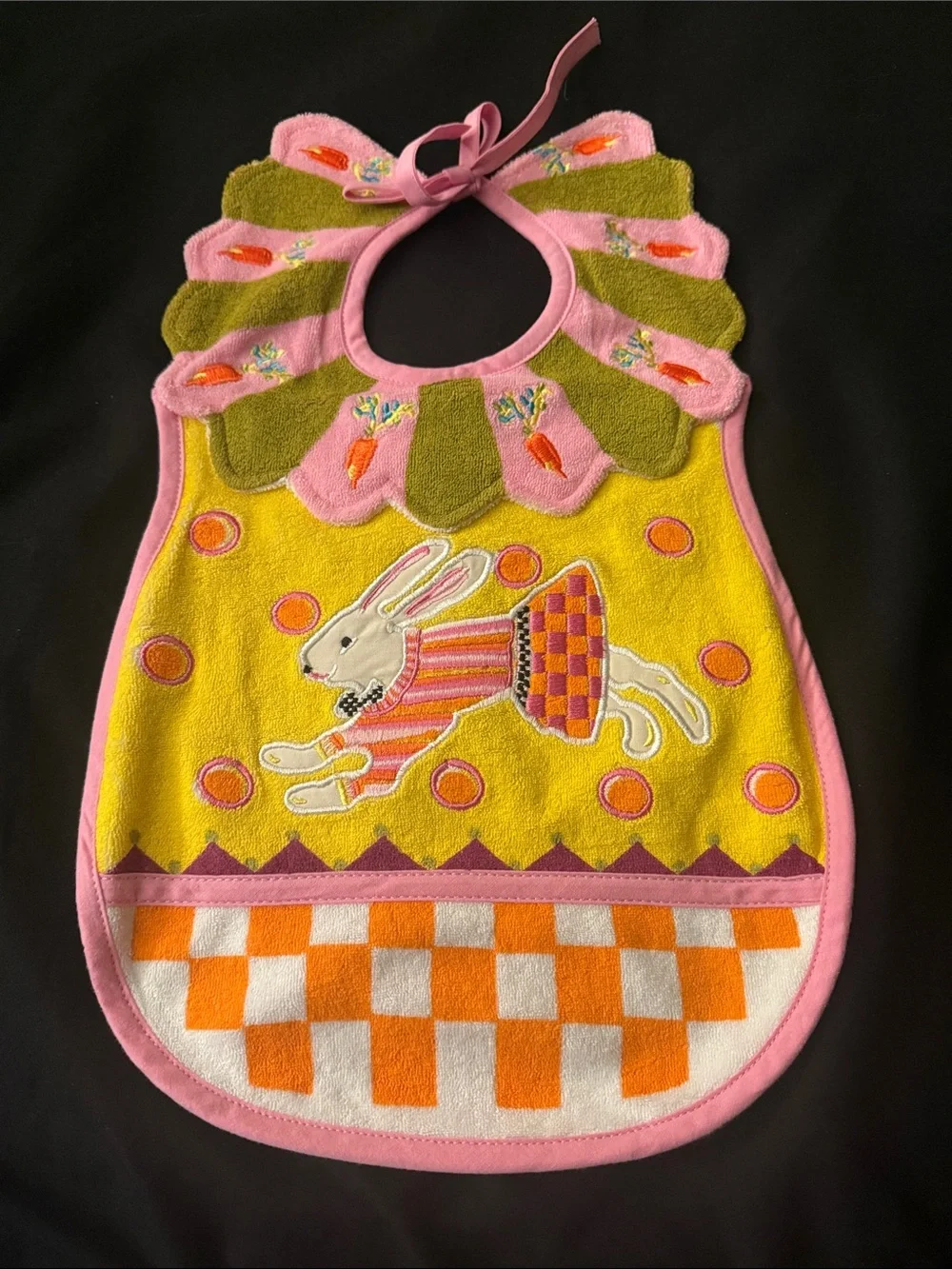NWOT Mackenzie Childs Pink & Yellow Bunny Appliqué Baby Bib - Kids Accessories